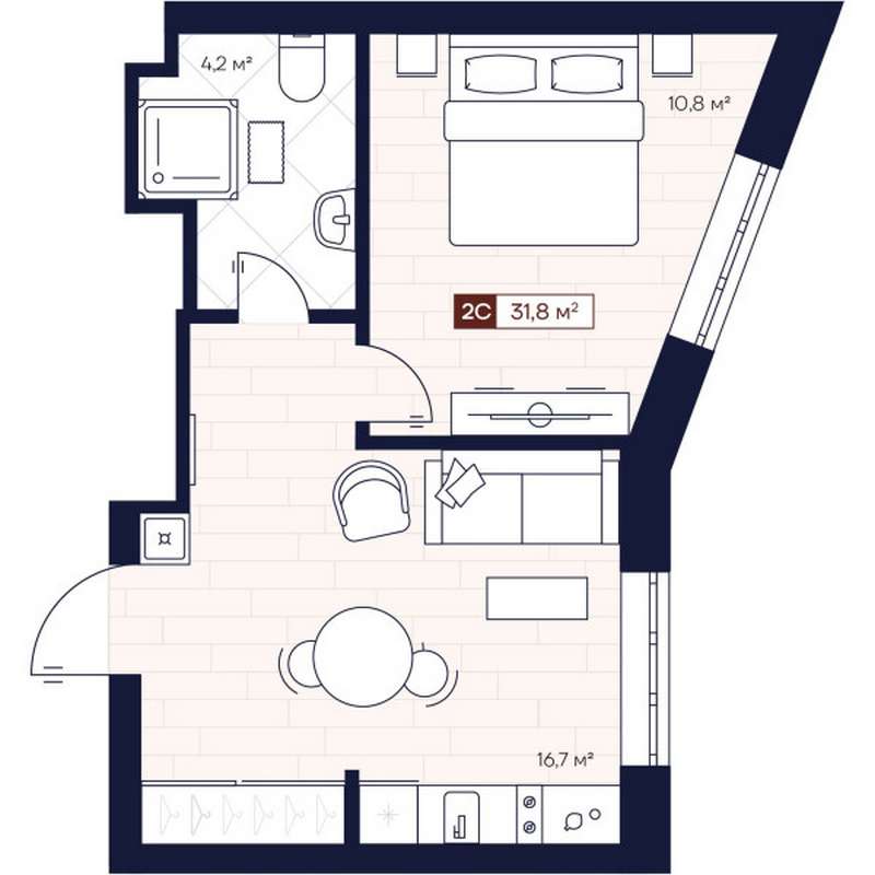 1-комнатная квартира 31,8 м² в ЖК «Apartville на Кошурникова»