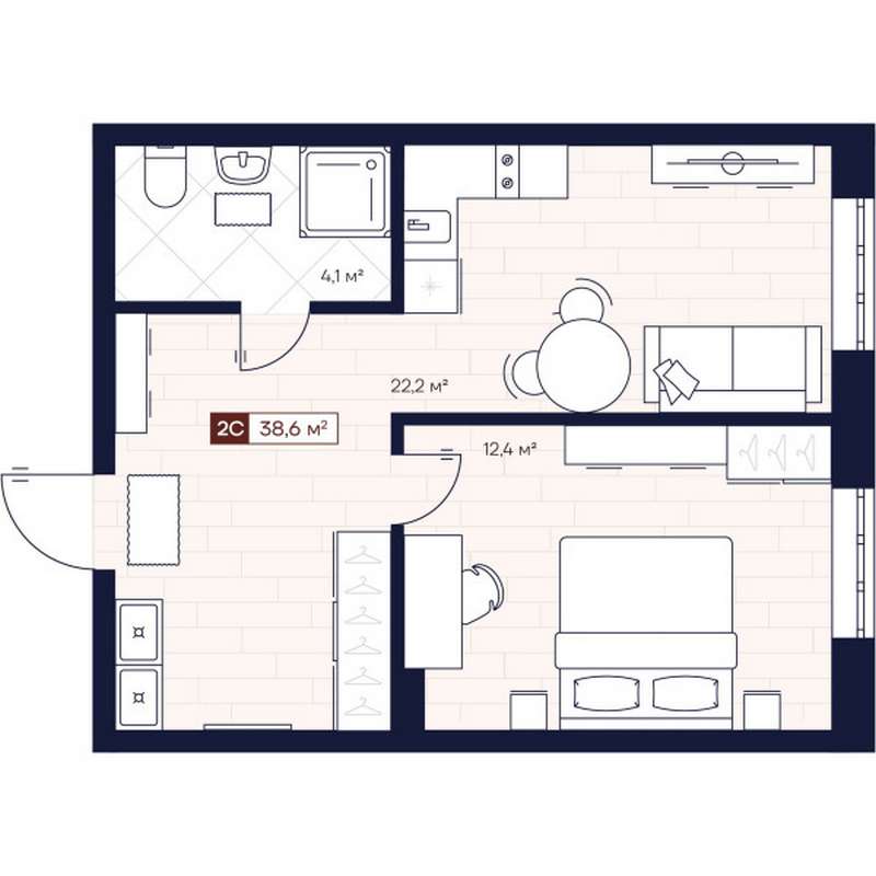 1-комнатная квартира 38,6 м² в ЖК «Apartville на Кошурникова»