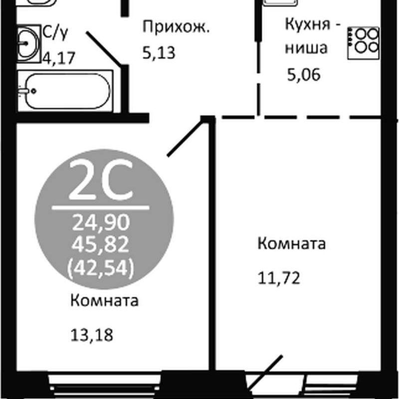 1-комнатная квартира 42,54 м² в доме 2 в ЖК «Одоевский»