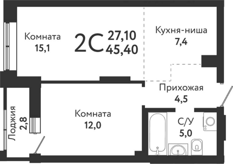 1-комнатная квартира 45,4 м² в третьем доме в ЖК «Одоевский»