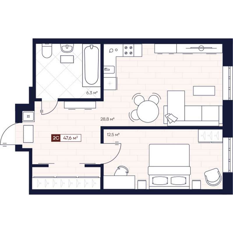 1-комнатная квартира 47,6 м² в ЖК «Apartville на Кошурникова»