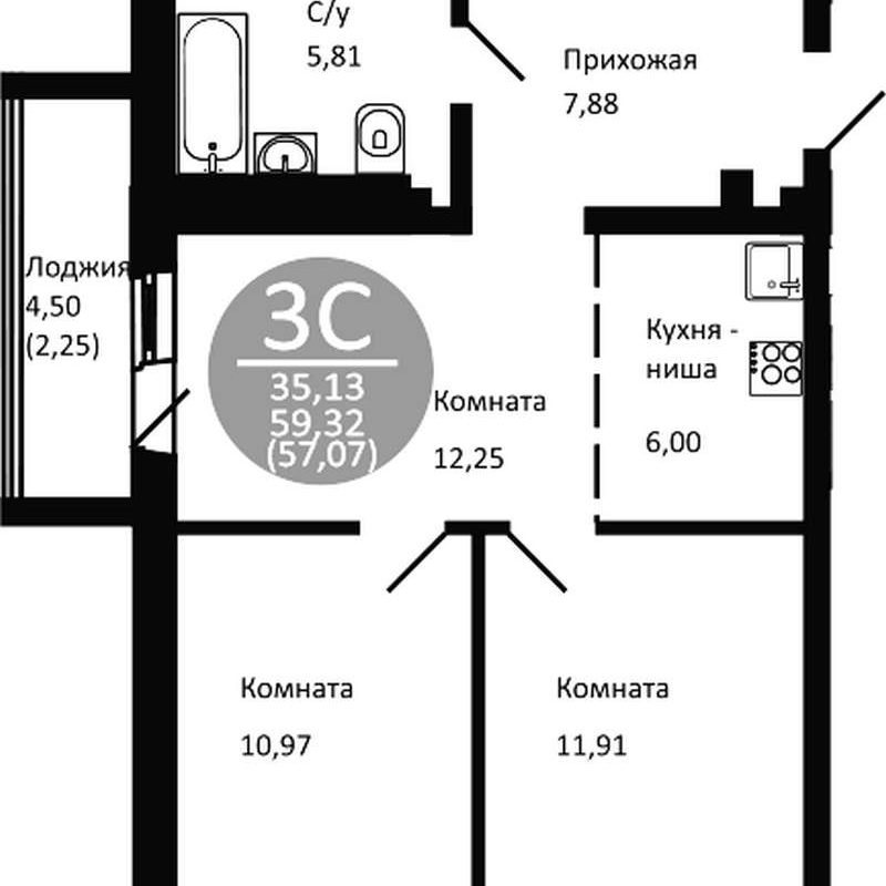 2-комнатная квартира 57,1 м² в доме 2 в ЖК «Одоевский»