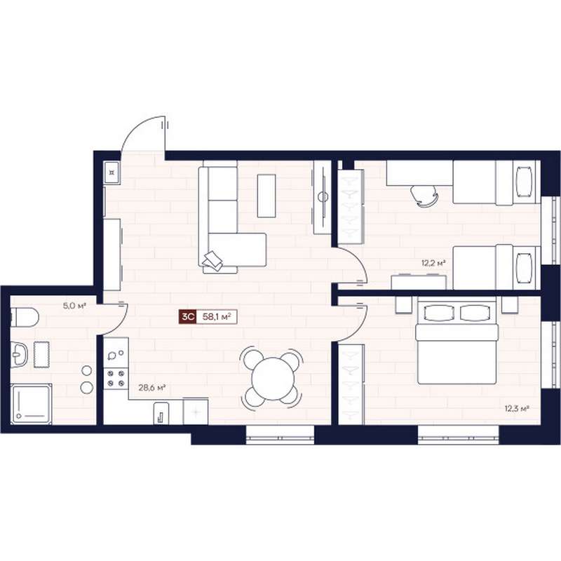 2-комнатная квартира 58,1 м² в ЖК «Apartville на Кошурникова»