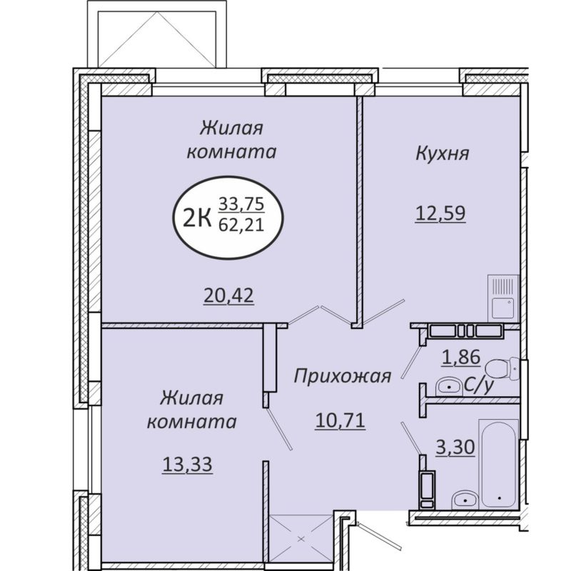 2-комнатная квартира 62,2 м² в ЖК «Пролетарский»