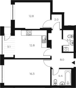 2-комнатная квартира 62,6 м² в 1 корпусе в ЖК «OSCAR»