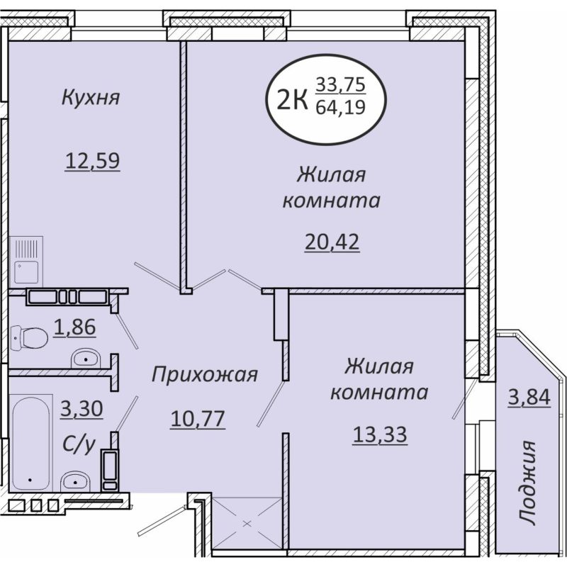 2-комнатная квартира 64,19 м² в ЖК «Пролетарский»