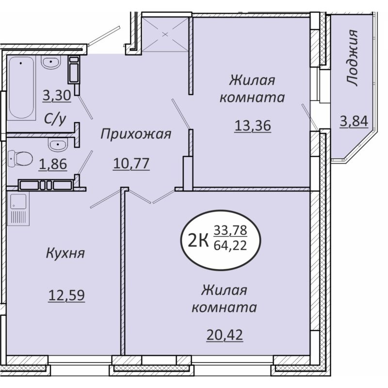 2-комнатная квартира 64,2 м² в ЖК «Пролетарский»