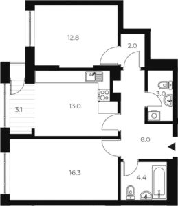 2-комнатная квартира 68,4 м² в 1 корпусе в ЖК «OSCAR»