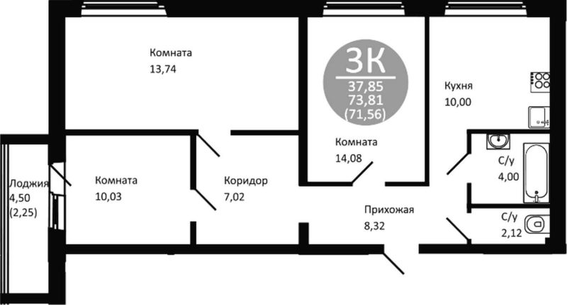 3+ комнатная квартира 71,56 м² в доме 2 в ЖК «Одоевский»