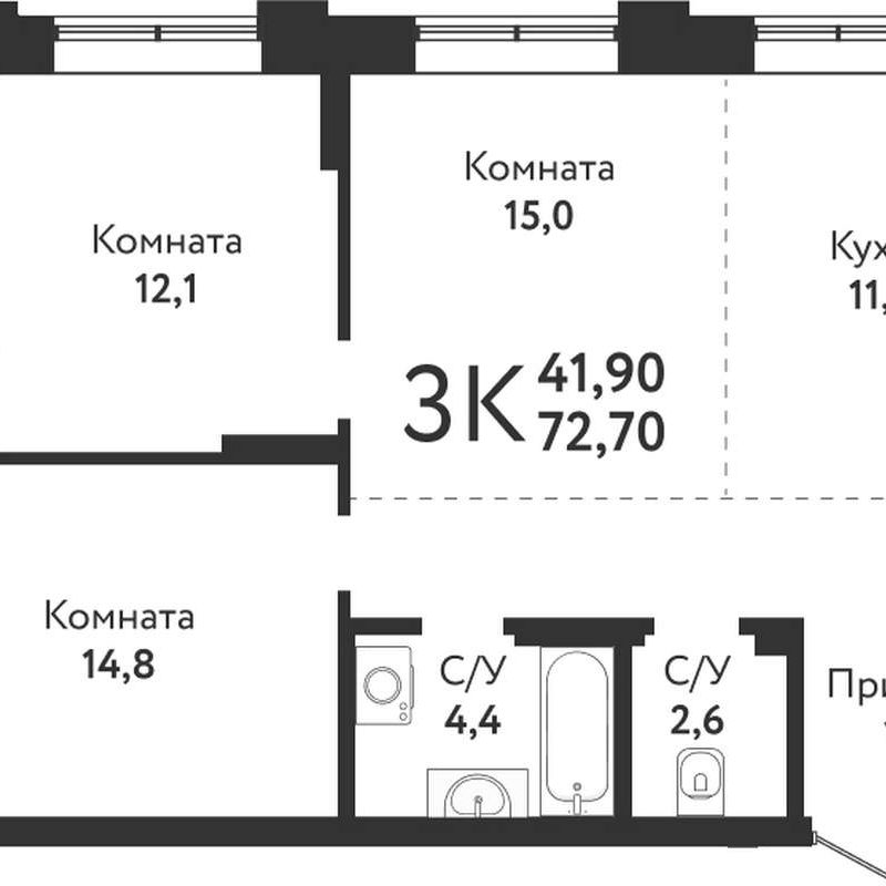 3+ комнатная квартира 72,7 м² в доме 1 в ЖК «Одоевский»
