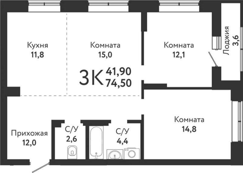 3+ комнатная квартира 74,5 м² в доме 1 в ЖК «Одоевский»