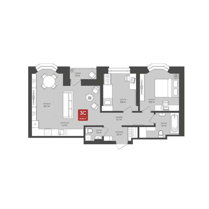 2-комнатная квартира 61,7 м² в ЖК «на Промышленной»