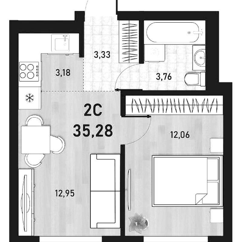 1-комнатная квартира 35,28 м² в 1 доме в ЖК «Оптимисты»