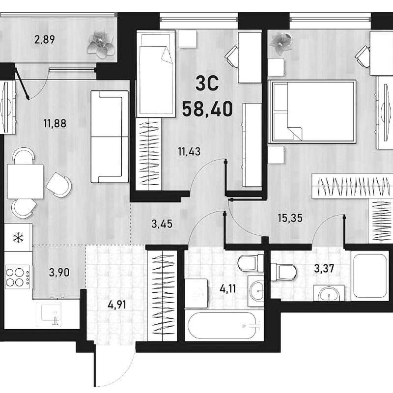 2-комнатная квартира 58,4 м² в 1 доме в ЖК «Оптимисты»