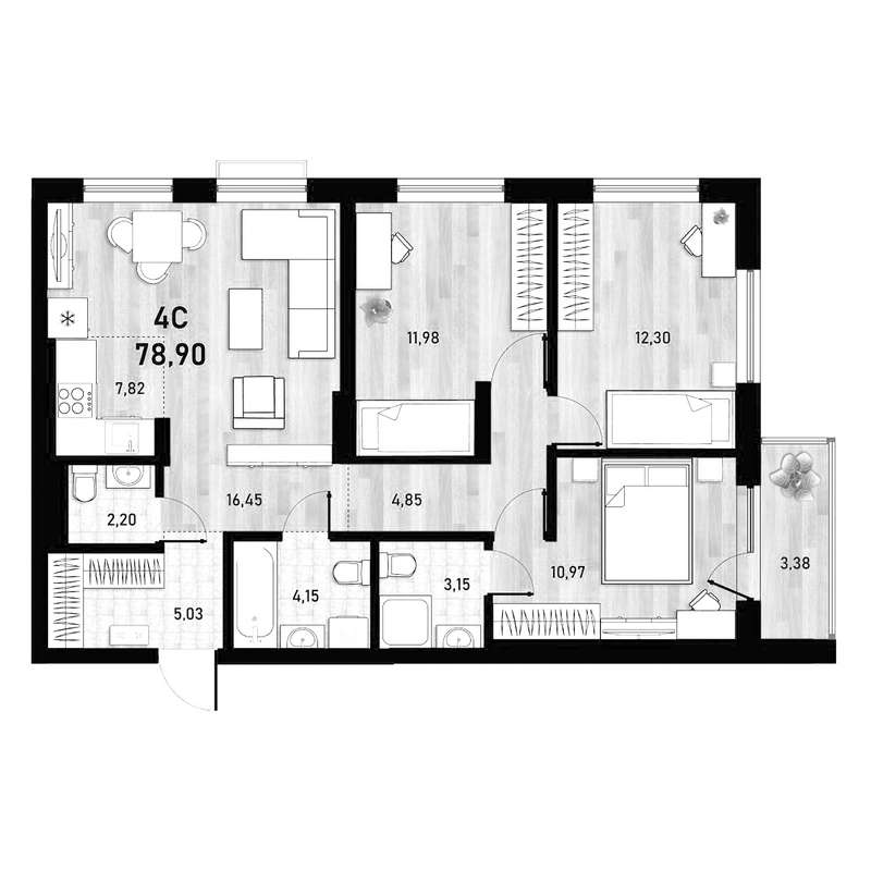3+ комнатная квартира 78,9 м² в 1 доме в ЖК «Оптимисты»