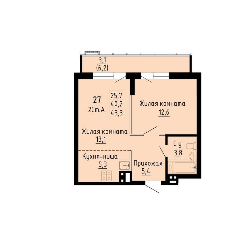1-комнатная квартира 43,3 м² в 1 секции в ЖК «Gorizont»
