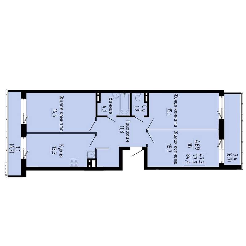 3+ комнатная квартира 84,4 м² в 5 секции в ЖК «Gorizont»