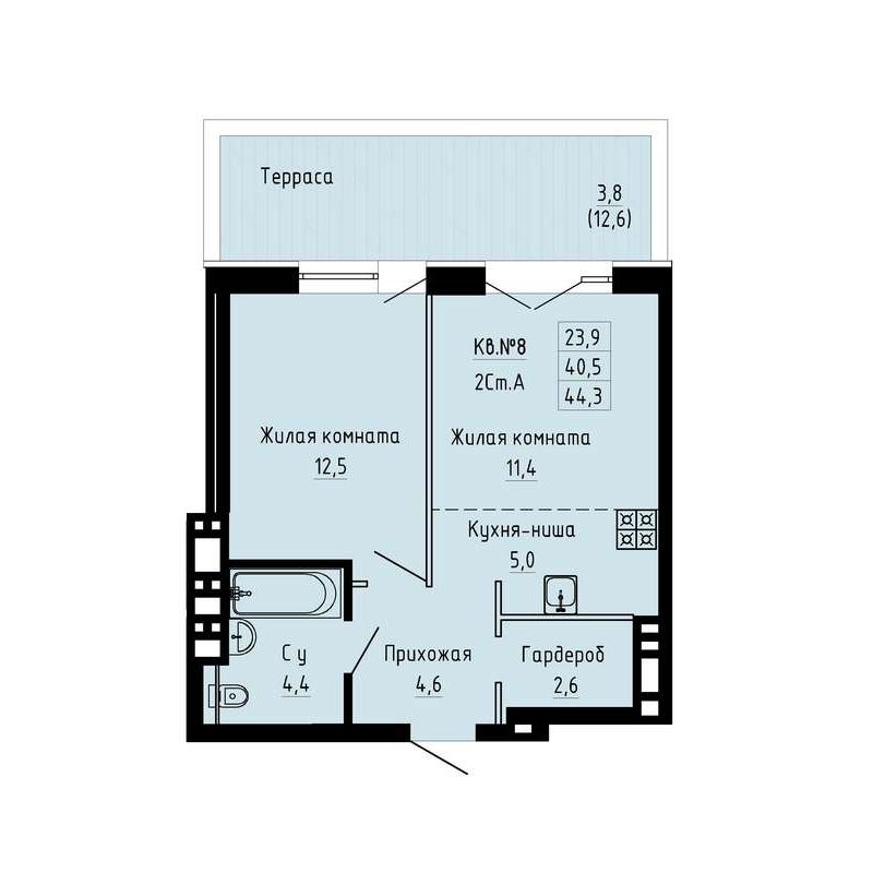 1-комнатная квартира 44,3 м² в ЖК «Luna»