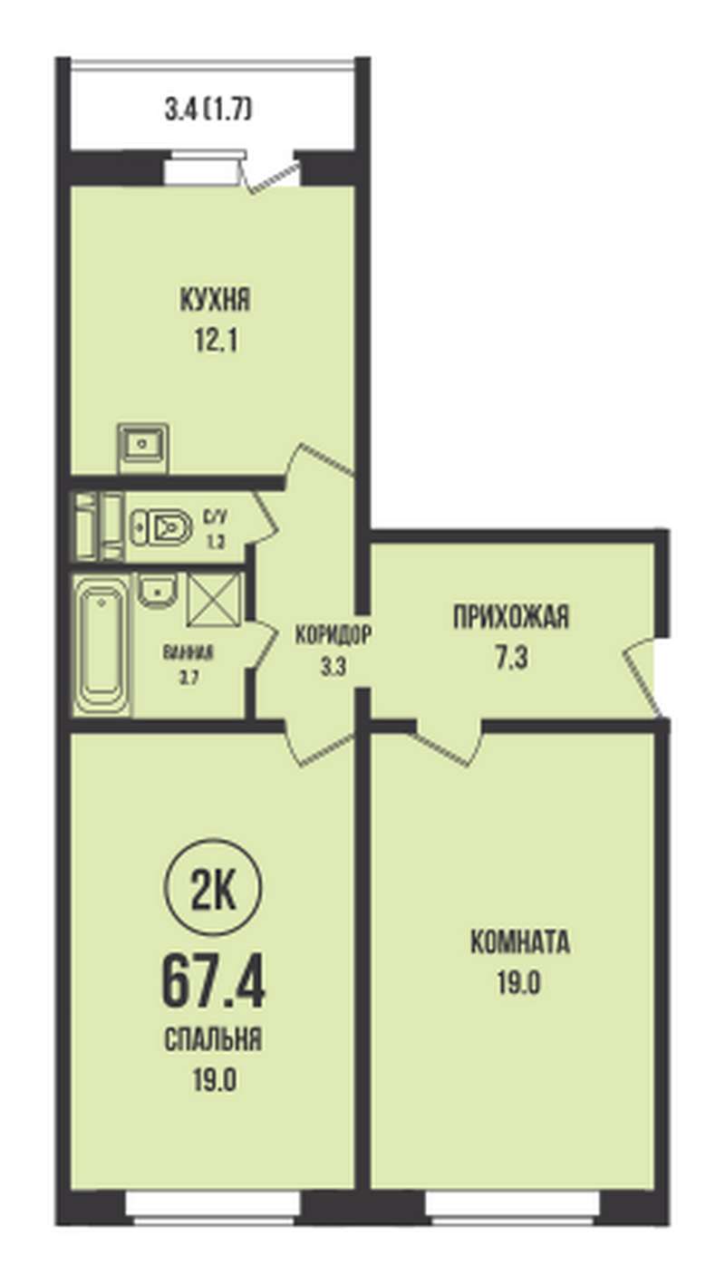 2-комнатная квартира 67,2 м² в доме 901 в ЖК «Династия» в Новосибирске