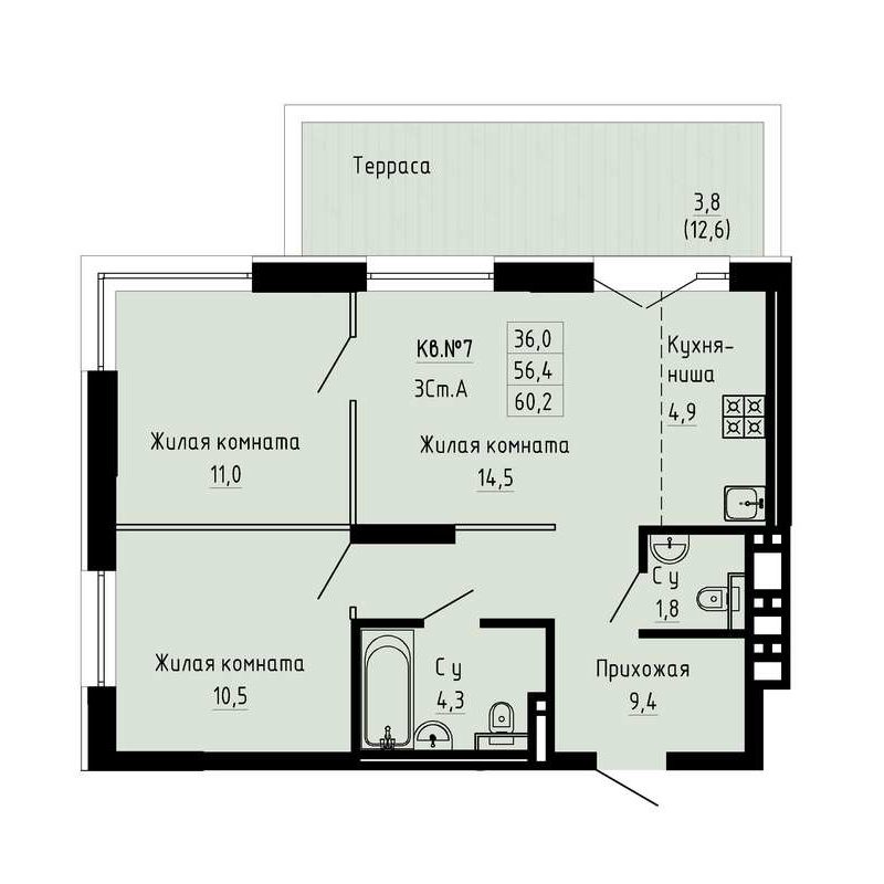 2-комнатная квартира 60,2 м² в ЖК «Luna»