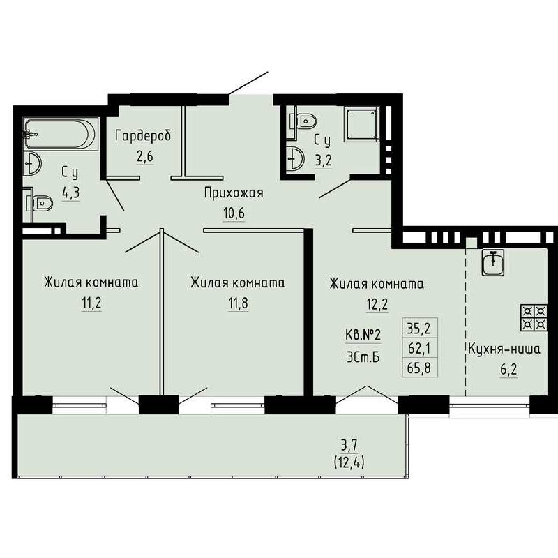 2-комнатная квартира 65,8 м² в ЖК «Luna»