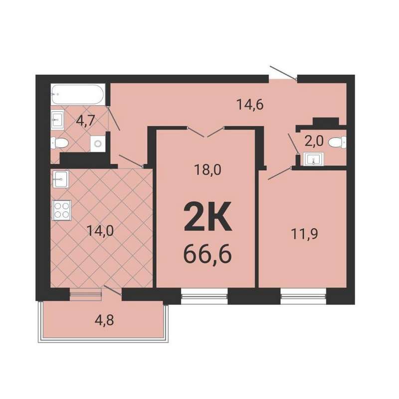 2-комнатная квартира 66,6 м² во 2 доме в ЖК «Тетрис на Серафимовича»