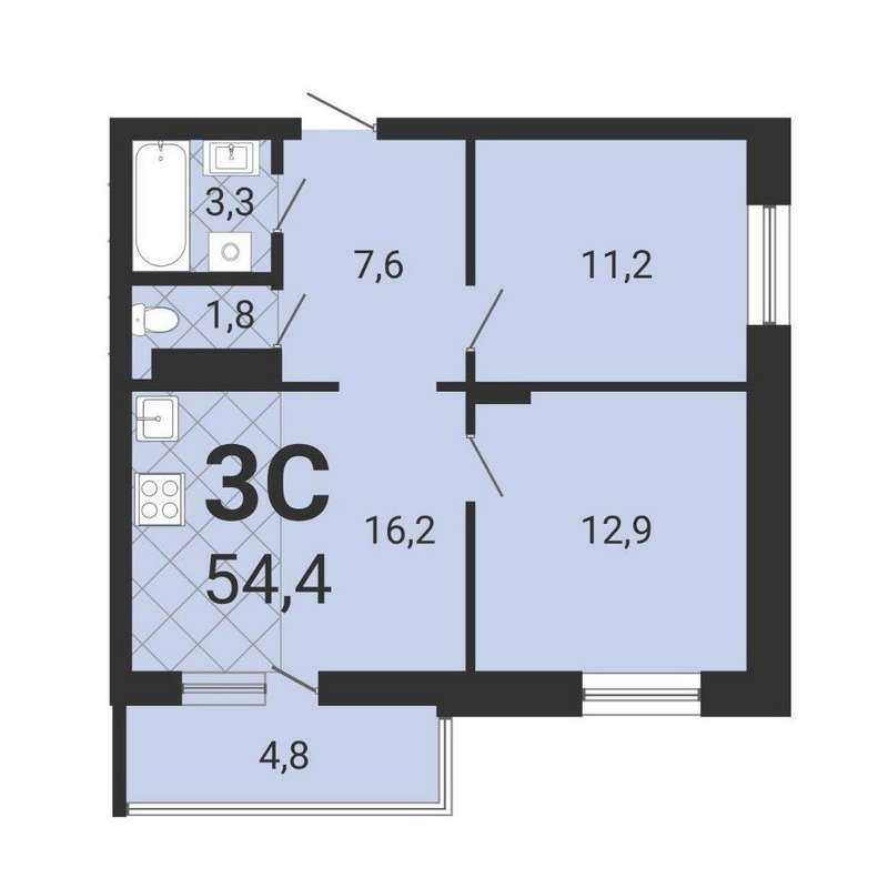 2-комнатная квартира 54,4 м² во 2 доме в ЖК «Тетрис на Серафимовича»