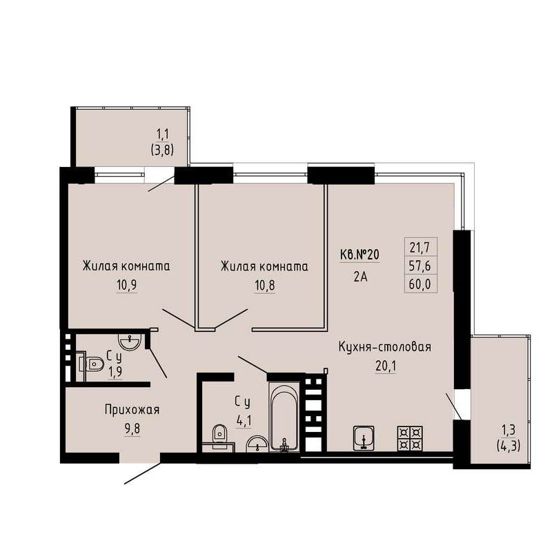 2-комнатная квартира 60 м² в ЖК «Luna»