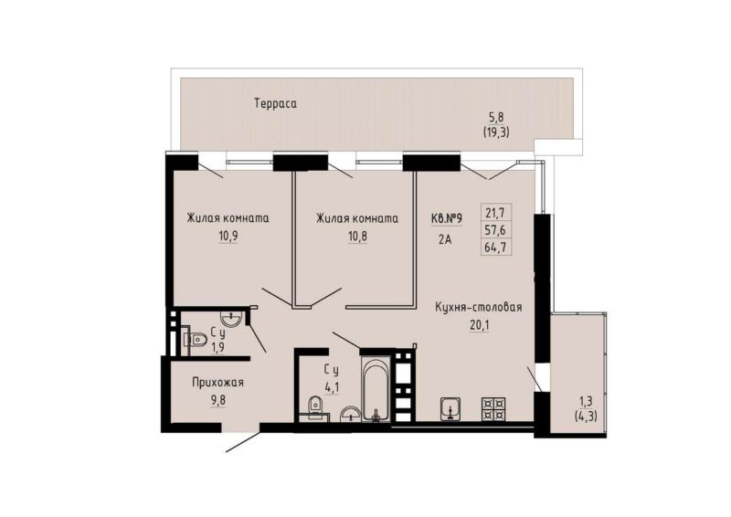 2-комнатная квартира 64,7 м² в ЖК «Luna»