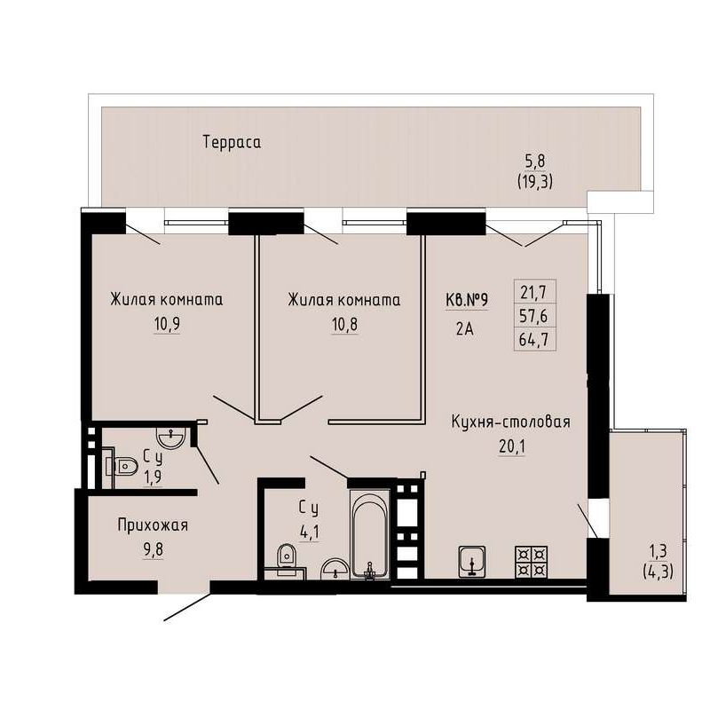 2-комнатная квартира 64,7 м² в ЖК «Luna»