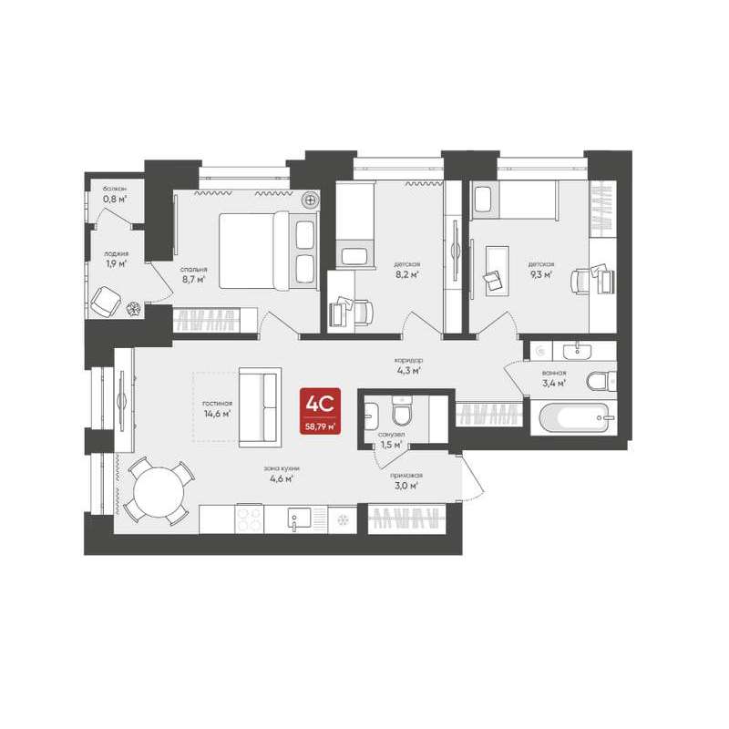 3+ комнатная квартира 58,8 м² в ЖК «на Промышленной»