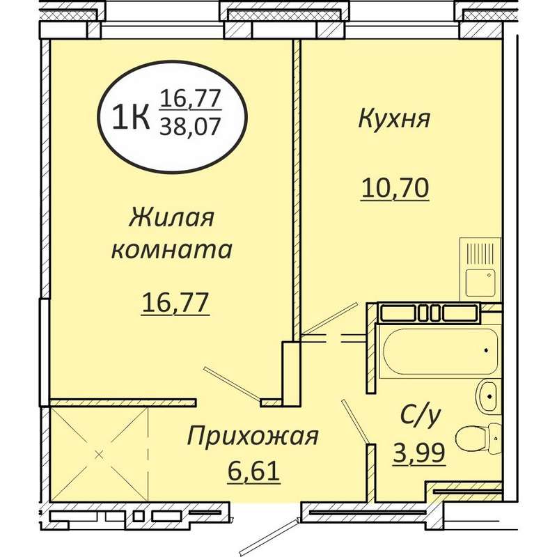 1-комнатная квартира 38,07 м² в ЖК «Пролетарский»