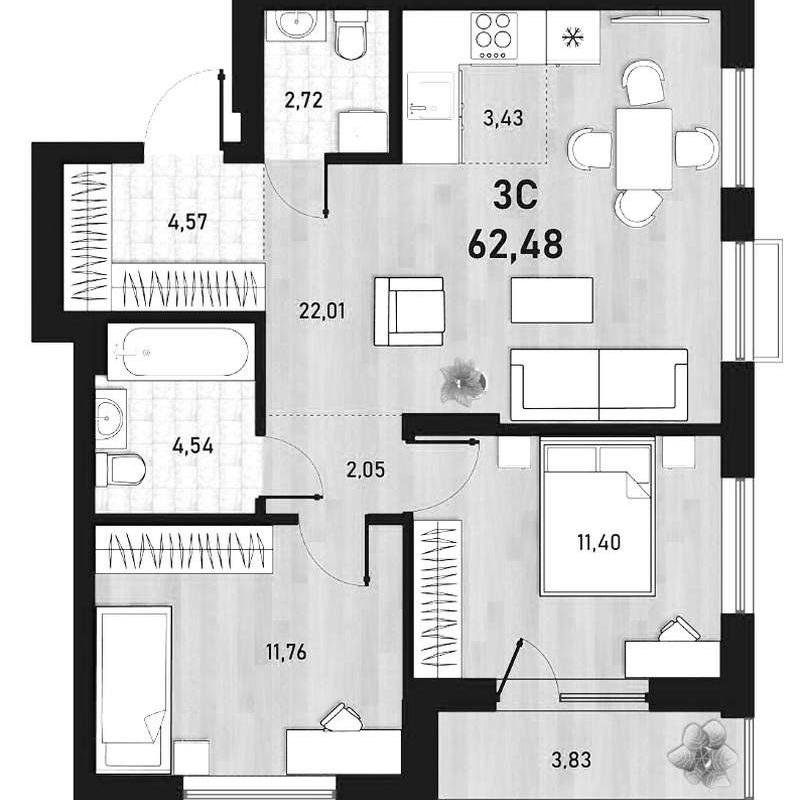 2-комнатная квартира 62,48 м² в 1 доме в ЖК «Оптимисты»