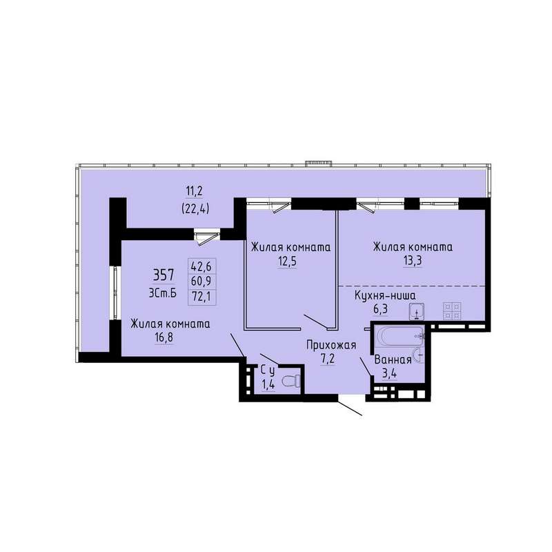 2-комнатная квартира 72,1 м² в 3 секции в ЖК «Gorizont»