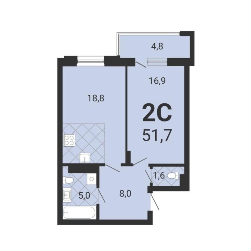 1-комнатная квартира 51,7 м² во 2 доме в ЖК «Тетрис на Серафимовича»