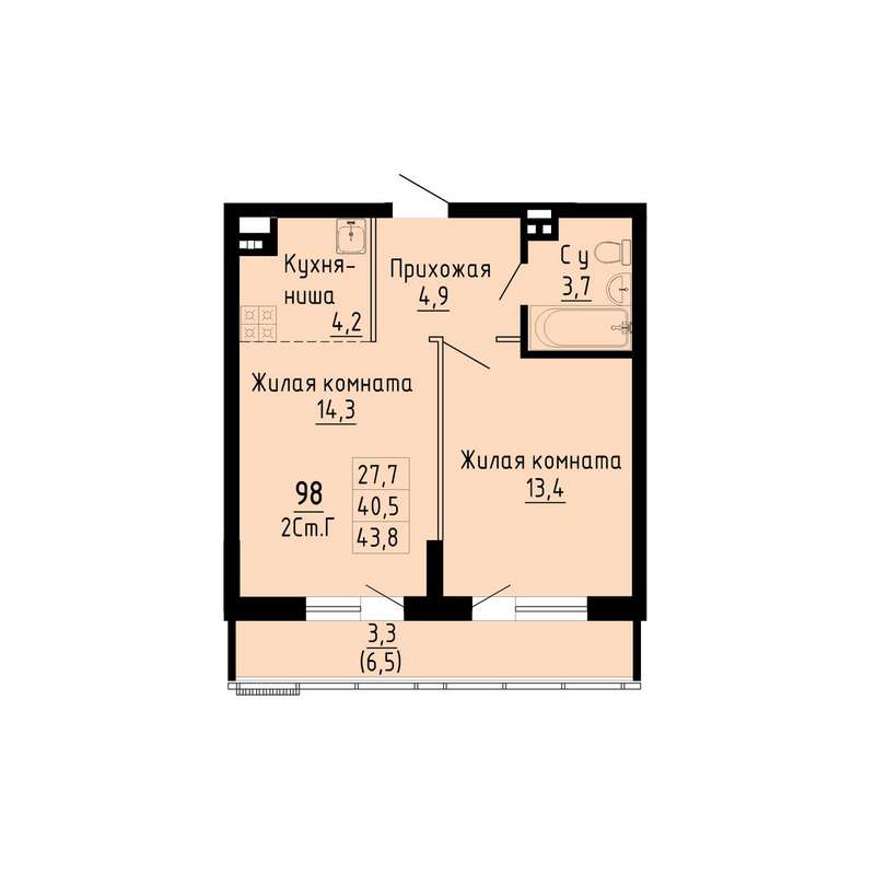 1-комнатная квартира 43,8 м² в 1 секции в ЖК «Gorizont»