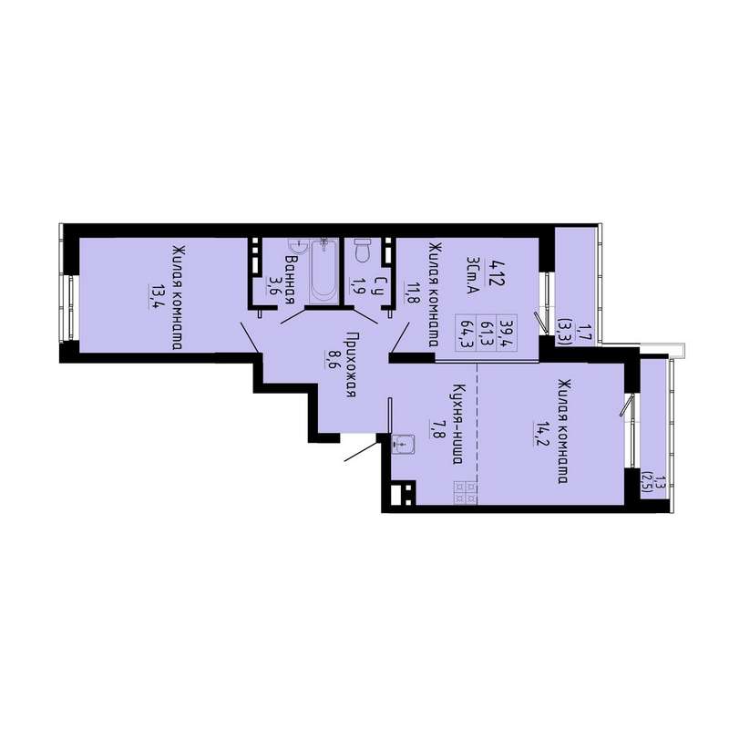 2-комнатная квартира 64,3 м² в 4 секции в ЖК «Gorizont»