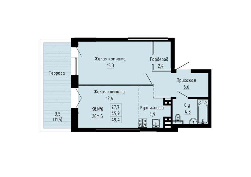 1-комнатная квартира 49,4 м² в ЖК «Luna»