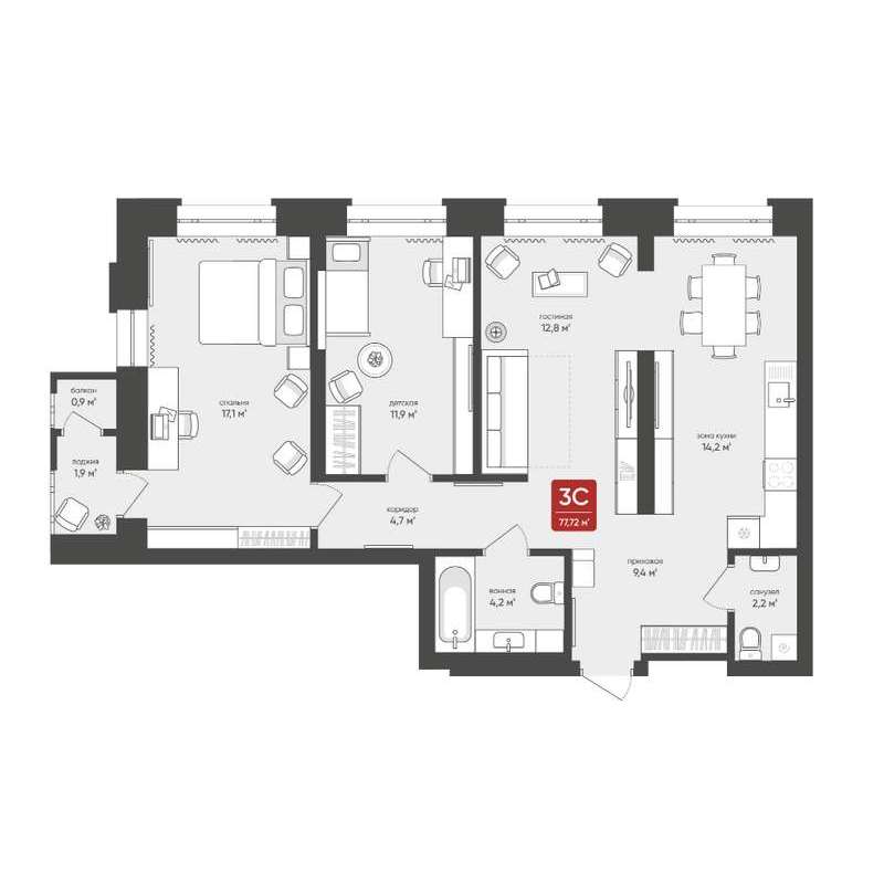 3+ комнатная квартира 77,7 м² в ЖК «на Промышленной»