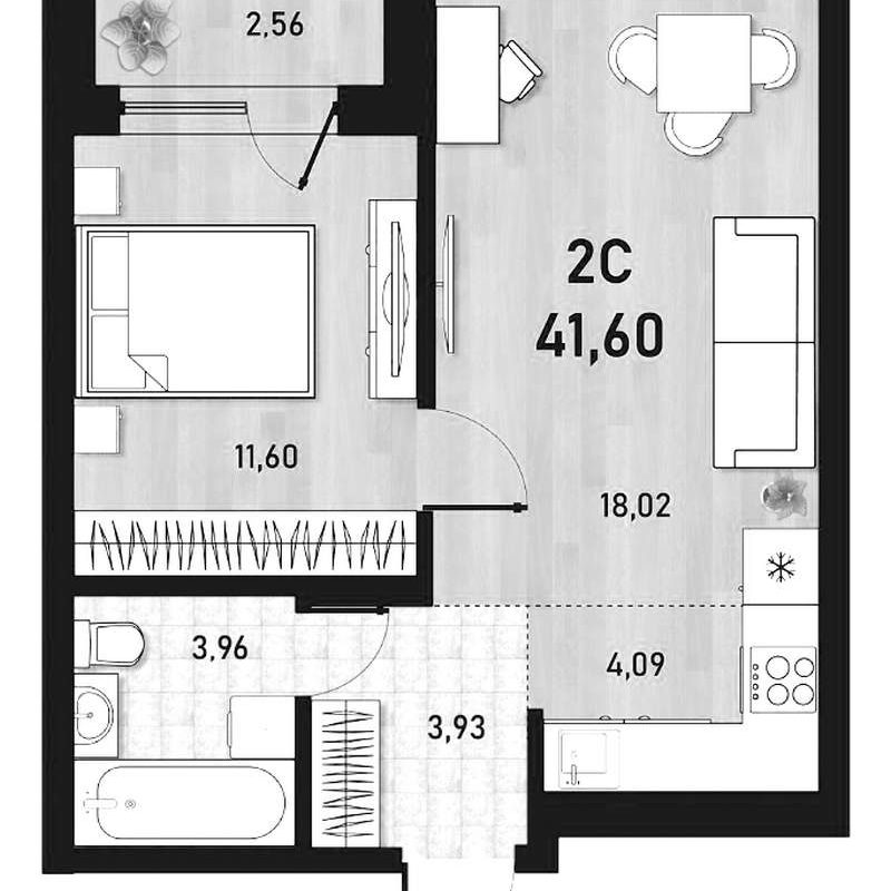 1-комнатная квартира 41,6 м² в 1 доме в ЖК «Оптимисты»