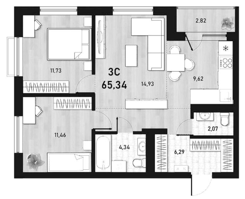 2-комнатная квартира 65,34 м² в 1 доме в ЖК «Оптимисты»