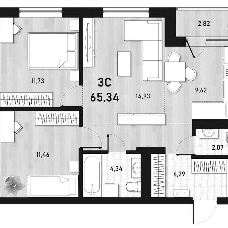 2-комнатная квартира 65,34 м² в 1 доме в ЖК «Оптимисты»