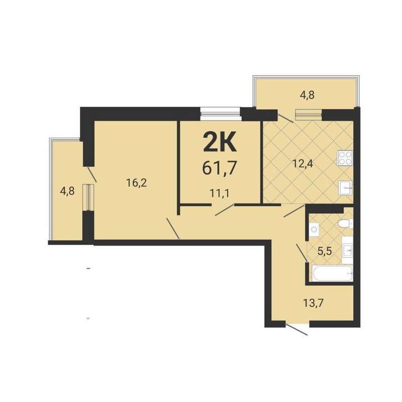 2-комнатная квартира 61,7 м² в 1 доме в ЖК «Тетрис на Серафимовича»