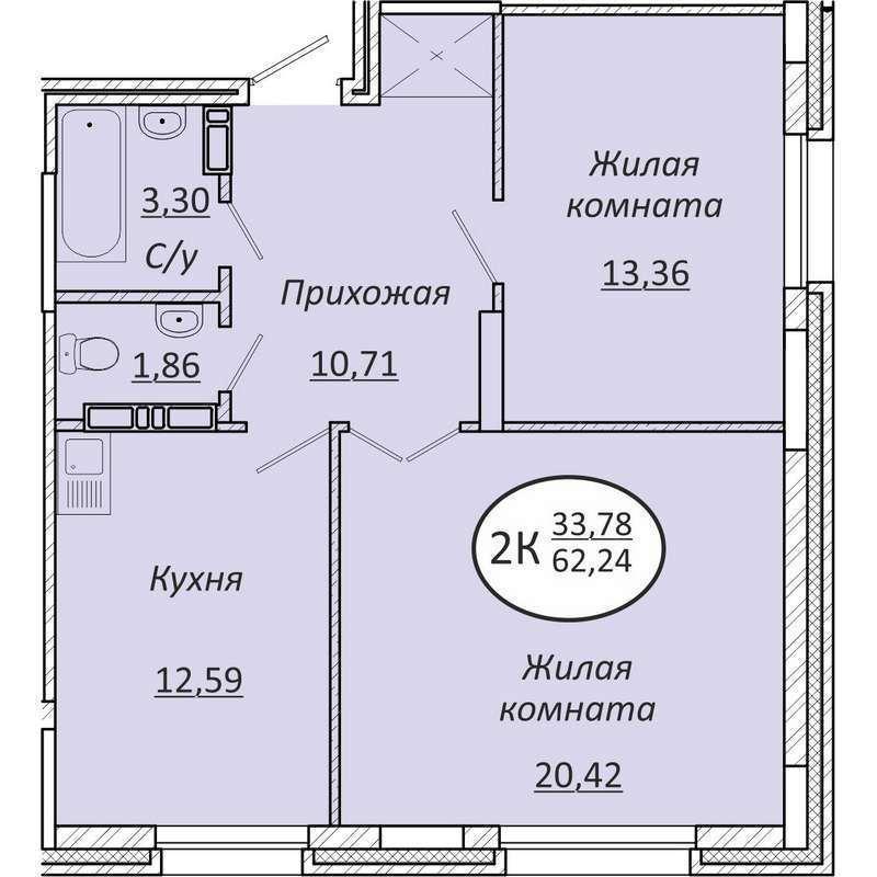 2-комнатная квартира 62,24 м² в ЖК «Пролетарский»