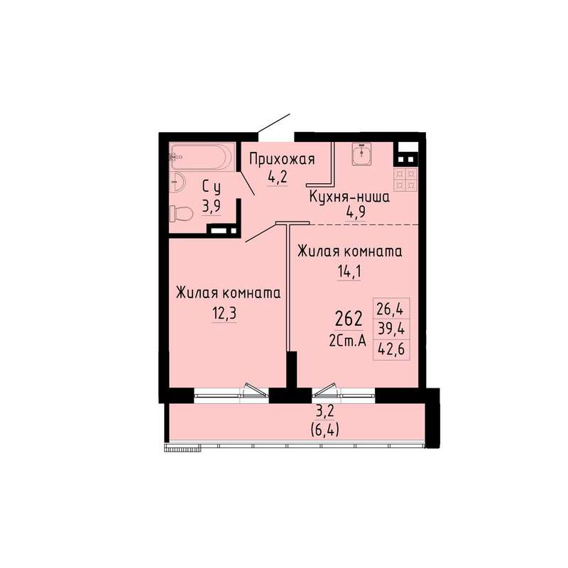 1-комнатная квартира 42,6 м² во 2 секции в ЖК «Gorizont»