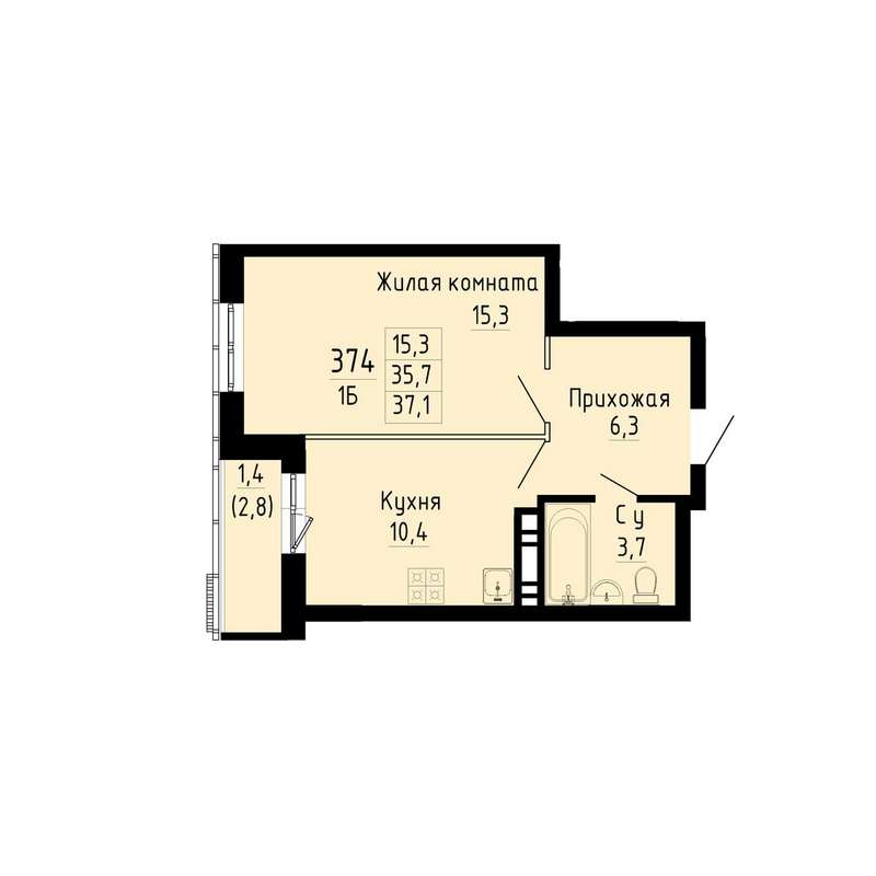 1-комнатная квартира 37,1 м² в 3 секции в ЖК «Gorizont»