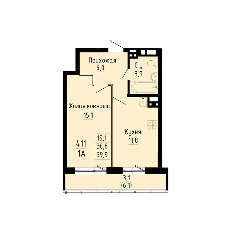 1-комнатная квартира 39,9 м² в 4 секции в ЖК «Gorizont»