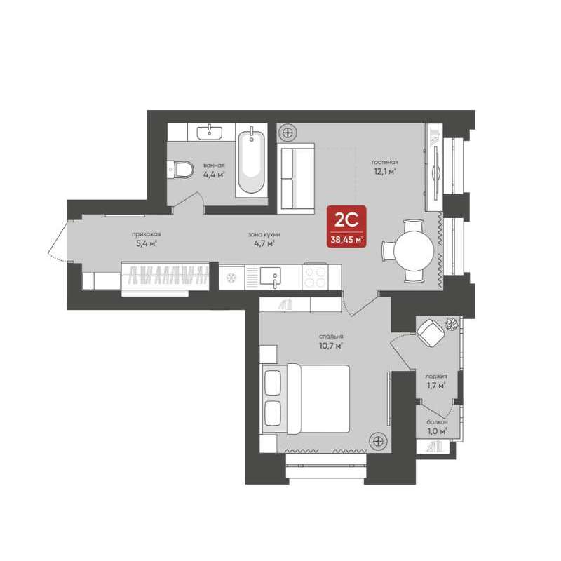 1-комнатная квартира 38,5 м² в ЖК «на Промышленной»