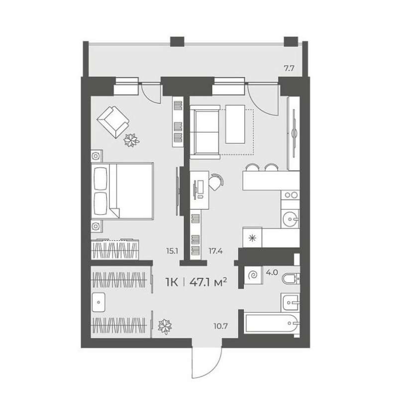 1-комнатная квартира 47,1 м² в 1 доме в ЖК «Черемушки на Приморской»