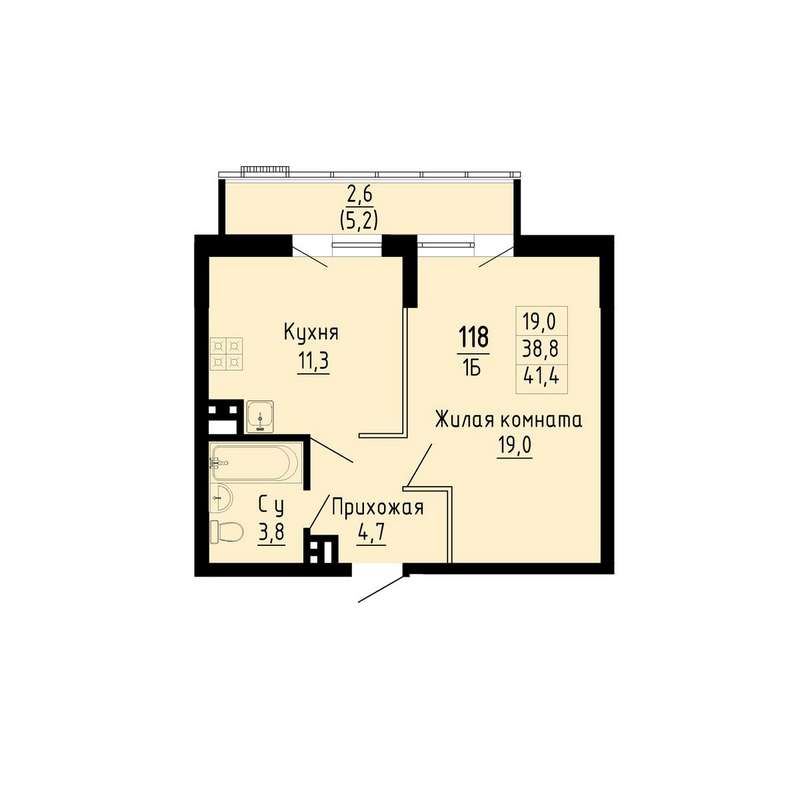 1-комнатная квартира 41,4 м² в 1 секции в ЖК «Gorizont»